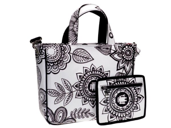 TOTE BAG BLACK AND WHITE FLORAL FANTASY. GLAM MODEL MADE OF SOFT SYNTETHIC LEATHER. - Unique Pieces Paul Meccanico