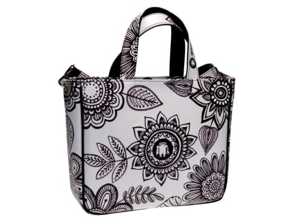 TOTE BAG BLACK AND WHITE FLORAL FANTASY. GLAM MODEL MADE OF SOFT SYNTETHIC LEATHER. - Unique Pieces Paul Meccanico