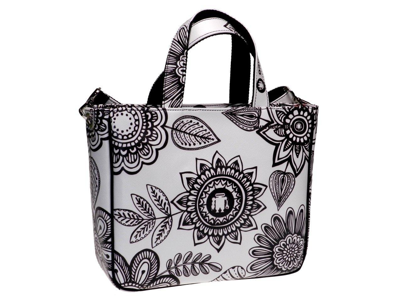 TOTE BAG BLACK AND WHITE FLORAL FANTASY. GLAM MODEL MADE OF SOFT SYNTETHIC LEATHER. - Unique Pieces Paul Meccanico