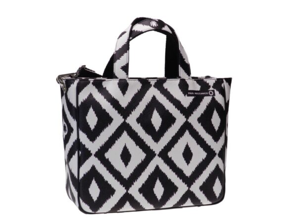 TOTE BAG BLACK AND WHITE GEOMETRIC FANTASY. GLAM MODEL MADE OF CRUELTY FREE LEATHER. - Unique Pieces Paul Meccanico