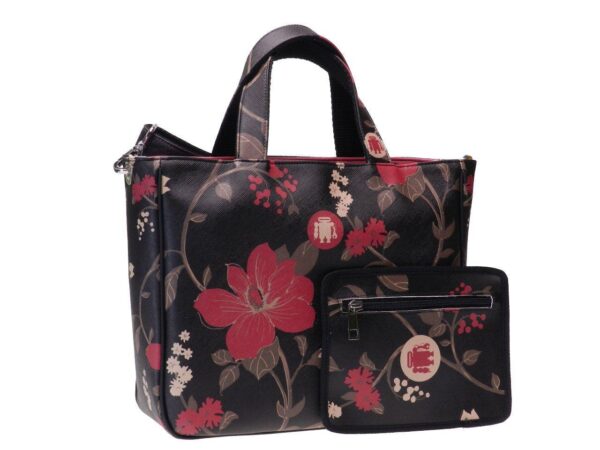 TOTE BAG BLACK COLOUR FLORAL FANTASY. GLAM MODEL MADE OF CRUELTY FREE LEATHER. - Unique Pieces Paul Meccanico