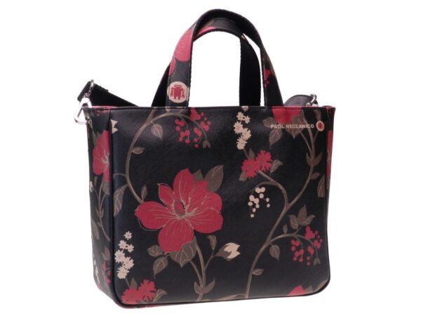 TOTE BAG BLACK COLOUR FLORAL FANTASY. GLAM MODEL MADE OF CRUELTY FREE LEATHER. - Unique Pieces Paul Meccanico