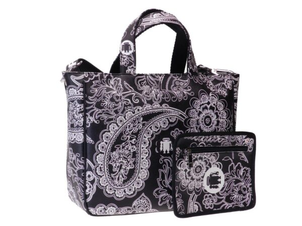 TOTE BAG BLACK COLOUR PAISLEY FANTASY. GLAM MODEL MADE OF CRUELTY FREE LEATHER. - Unique Pieces Paul Meccanico