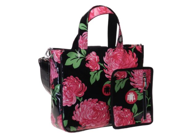 TOTE BAG BLACK COLOUR WITH FLORAL FANTASY. GLAM MODEL MADE OF LORRY TARPAULIN. - Unique Pieces Paul Meccanico