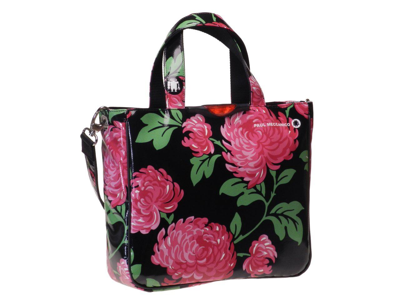 TOTE BAG BLACK COLOUR WITH FLORAL FANTASY. GLAM MODEL MADE OF LORRY TARPAULIN. - Unique Pieces Paul Meccanico