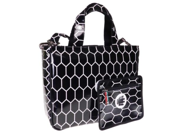 TOTE BAG BLACK COLOUR WITH GEOMETRIC FANTASY. GLAM MODEL MADE OF LORRY TARPAULIN. - Unique Pieces Paul Meccanico