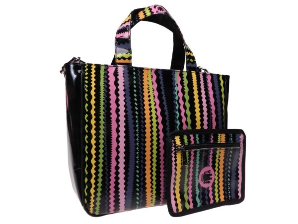 TOTE BAG BLACK COLOUR WITH MULTICOLORED BANDS. GLAM MODEL MADE OF LORRY TARPAULIN. - Unique Pieces Paul Meccanico