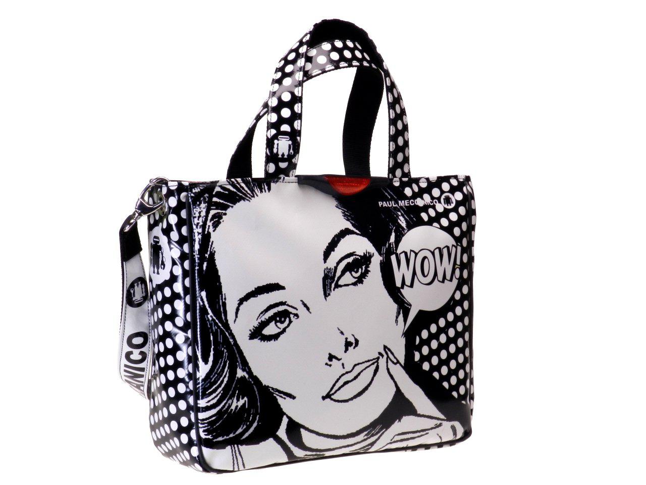 TOTE BAG BLACK & WHITE COLOURS WITH COMIC STYLE. GLAM MODEL MADE OF LORRY TARPAULIN. - Unique Pieces Paul Meccanico