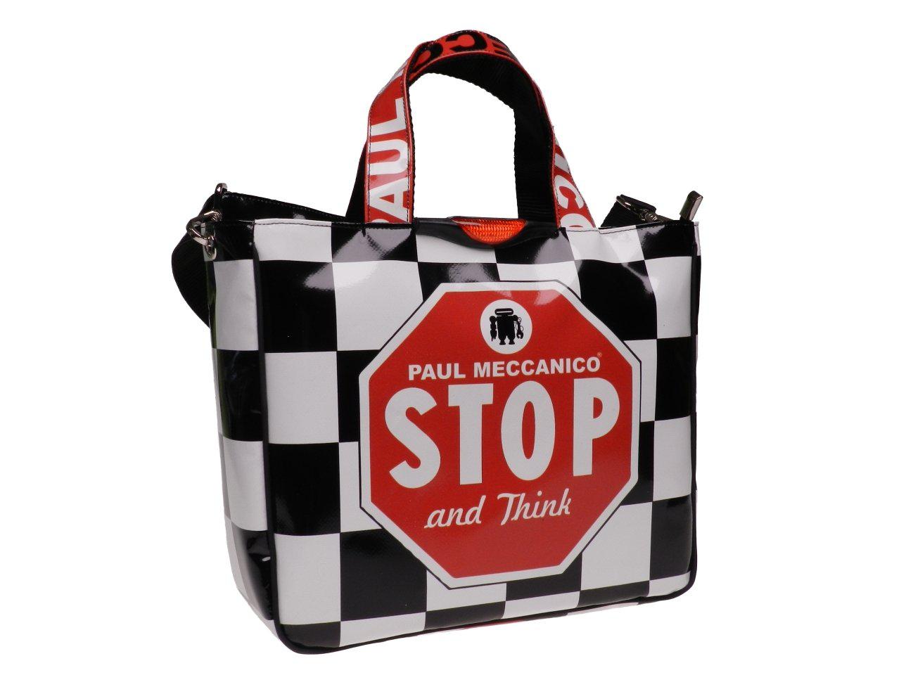 TOTE BAG BLACK & WHITE WITH CHESS PATTERN AND WRITTEN "STOP AND THINK". GLAM MODEL MADE OF LORRY TARPAULIN. - Unique Pieces Paul Meccanico