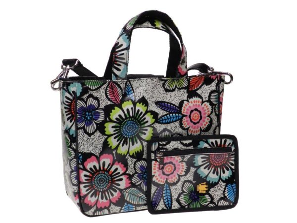 TOTE BAG BLACK & WHITE WITH MULTICOLOR FLOWERS. GLAM MODEL MADE OF LORRY TARPAULIN. - Unique Pieces Paul Meccanico