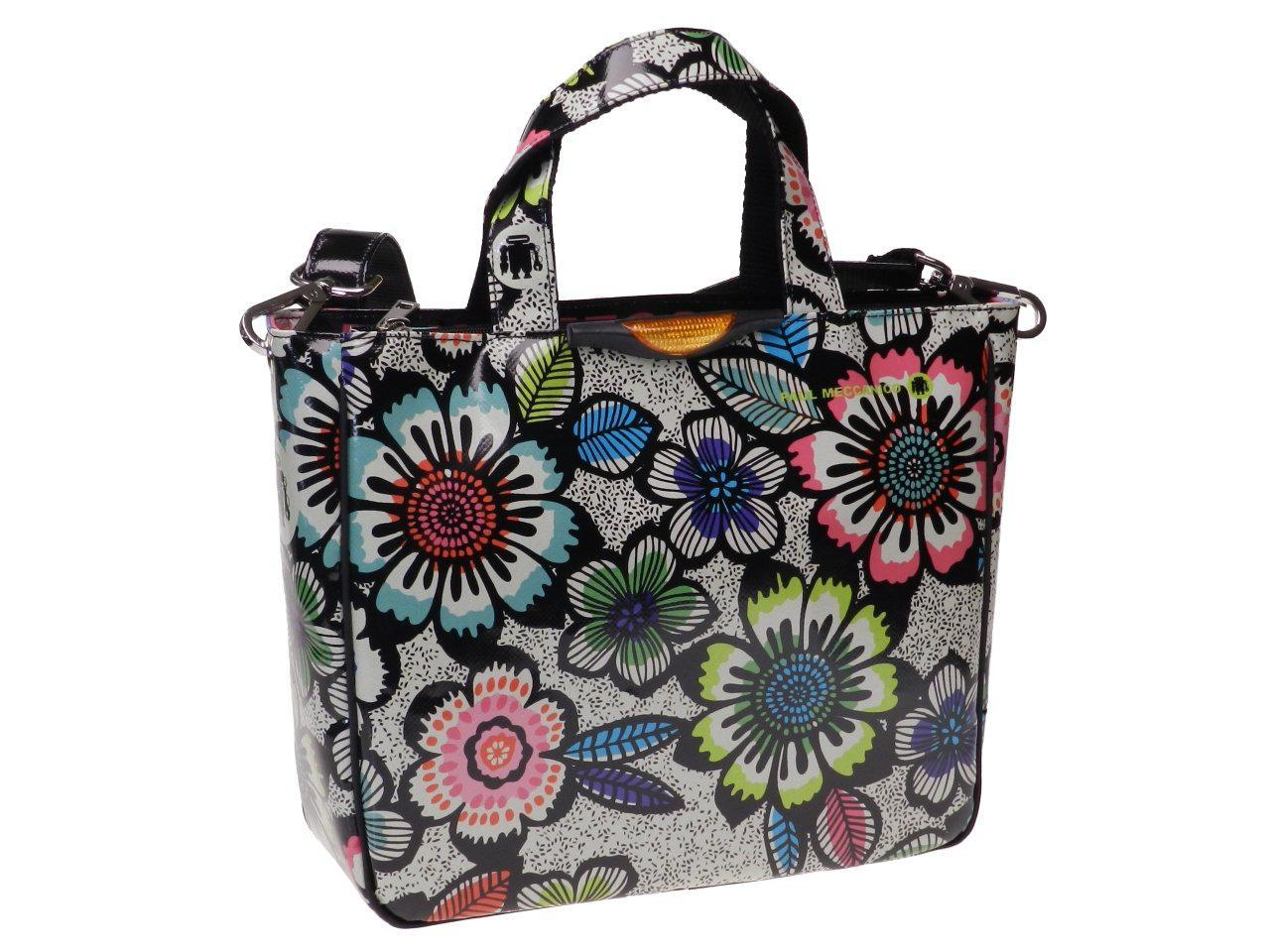 TOTE BAG BLACK & WHITE WITH MULTICOLOR FLOWERS. GLAM MODEL MADE OF LORRY TARPAULIN. - Unique Pieces Paul Meccanico