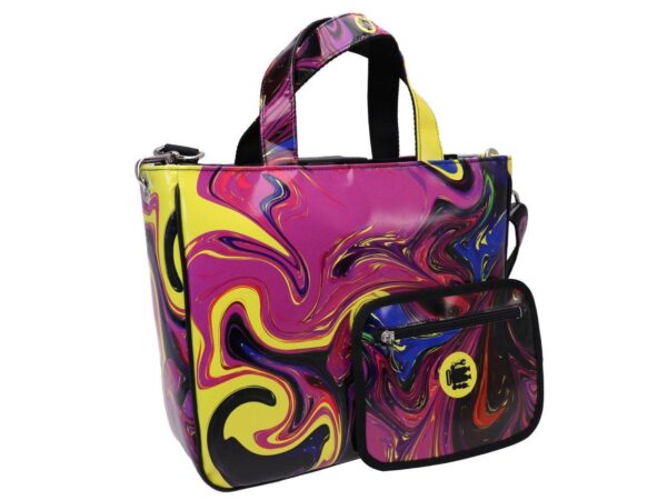 TOTE BAG BLACK, YELLOW AND VIOLET WITH ABSTRACT PRINT. MODEL GLAM MADE OF LORRY TARPAULIN. - Unique Pieces Paul Meccanico