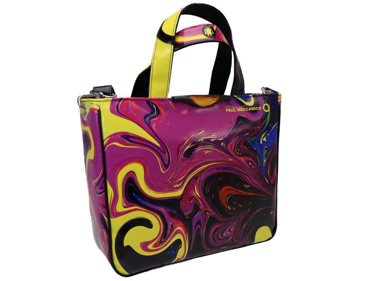 TOTE BAG BLACK, YELLOW AND VIOLET WITH ABSTRACT PRINT. MODEL GLAM MADE OF LORRY TARPAULIN. - Unique Pieces Paul Meccanico