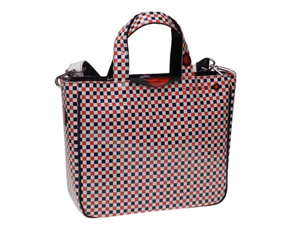 TOTE BAG BLUE, RED AND WHITE COLOURS CHESS PATTERN. GLAM MODEL MADE OF LORRY TARPAULIN. - Unique Pieces Paul Meccanico