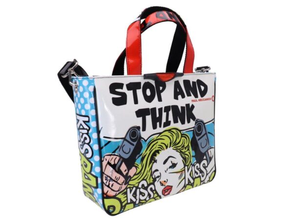 TOTE BAG CARTOON STYLE "STOP AND THINK". GLAM MODEL MADE OF LORRY TARPAULIN. - Unique Pieces Paul Meccanico