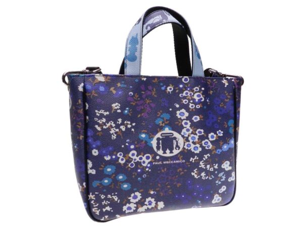 TOTE BAG DARK BLUE COLOUR FLORAL FANTASY. GLAM MODEL MADE OF HAMMERED FAUX LEATHER. - Unique Pieces Paul Meccanico