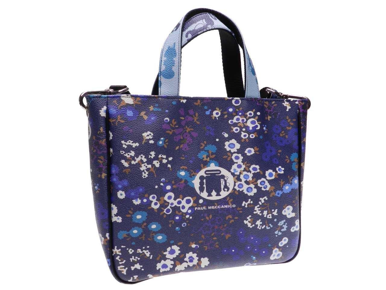 TOTE BAG DARK BLUE COLOUR FLORAL FANTASY. GLAM MODEL MADE OF HAMMERED FAUX LEATHER. - Unique Pieces Paul Meccanico