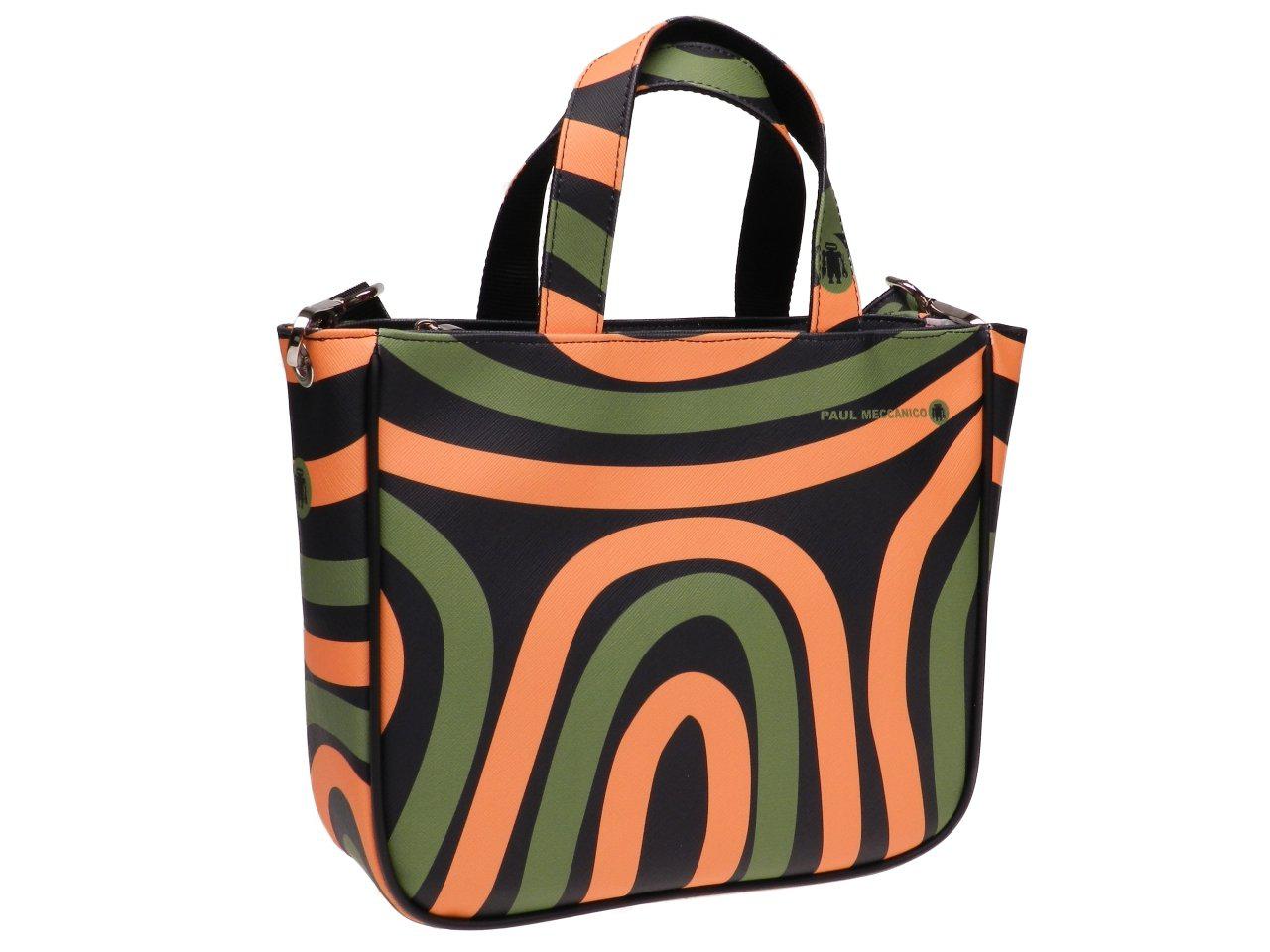 TOTE BAG DARK GREEN, BLACK AND ORANGE COLOURS. GLAM MODEL MADE OF SOFT SYNTETHIC LEATHER. - Unique Pieces Paul Meccanico