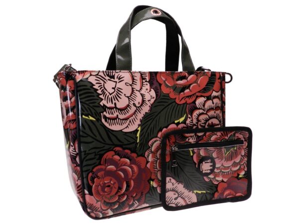 TOTE BAG DARK GREEN COLOUR FLORAL FANTASY. GLAM MODEL MADE OF LORRY TARPAULIN. - Unique Pieces Paul Meccanico