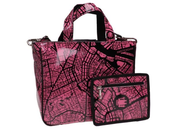 TOTE BAG FUXIA AND BLACK COLOUR WITH "ROAD MAP". GLAM MODEL MADE OF LORRY TARPAULIN. - Unique Pieces Paul Meccanico
