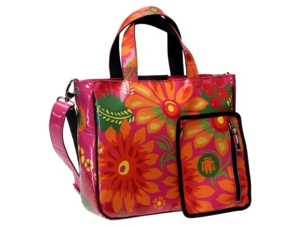 TOTE BAG FUXIA AND ORANGE COLOURS WITH FLORAL FANTASY. GLAM MODEL MADE OF LORRY TARPAULIN. - Unique Pieces Paul Meccanico