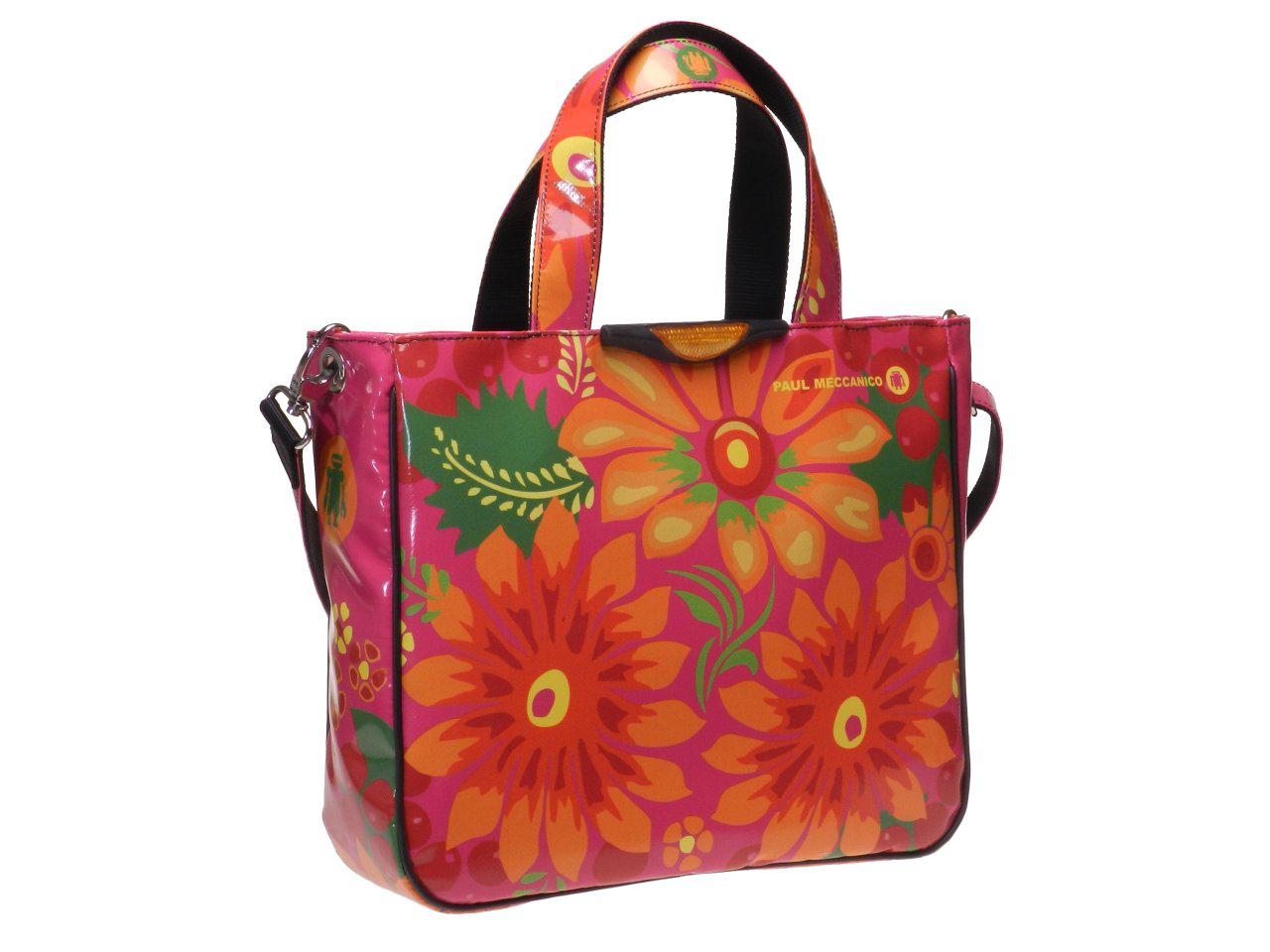 TOTE BAG FUXIA AND ORANGE COLOURS WITH FLORAL FANTASY. GLAM MODEL MADE OF LORRY TARPAULIN. - Unique Pieces Paul Meccanico