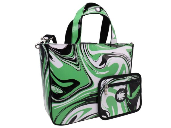 TOTE BAG GREEN AND WHITE WITH ABSTRACT PRINT. MODEL GLAM MADE OF LORRY TARPAULIN. - Unique Pieces Paul Meccanico