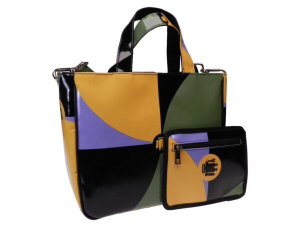 TOTE BAG GREEN, LILAC, BLACK AND YELLOW COLOURS GEOMETRIC FANTASY. GLAM MODEL MADE OF LORRY TARPAULIN. - Unique Pieces Paul Meccanico
