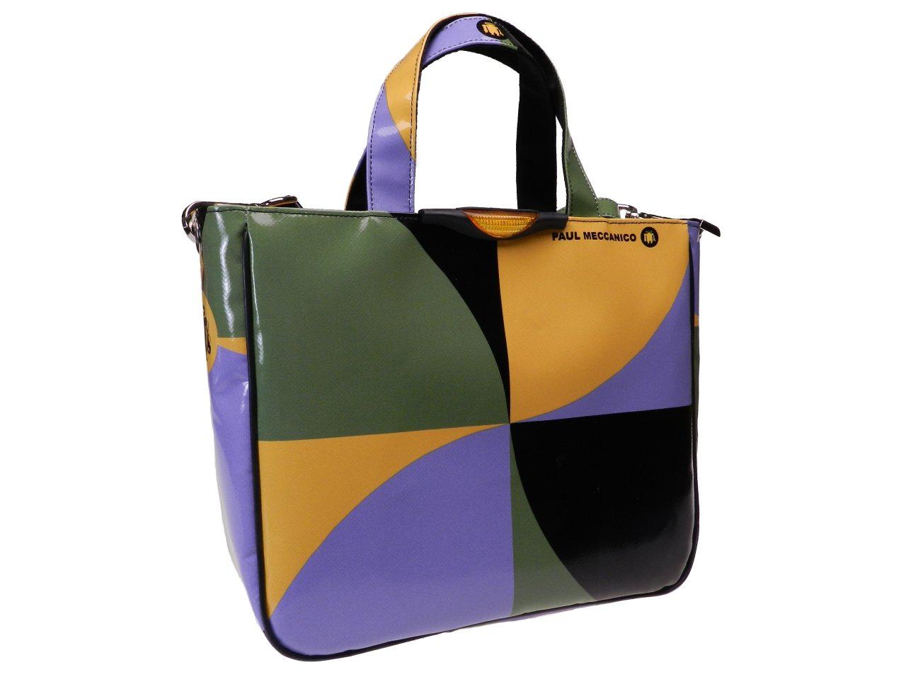 TOTE BAG GREEN, LILAC, BLACK AND YELLOW COLOURS GEOMETRIC FANTASY. GLAM MODEL MADE OF LORRY TARPAULIN. - Unique Pieces Paul Meccanico