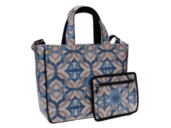 TOTE BAG LIGHT BLUE AND OFF WHITE COLOURS MAJOLICA FANTASY. GLAM MODEL MADE OF SOFT SYNTETHIC LEATHER. - Unique Pieces Paul Meccanico