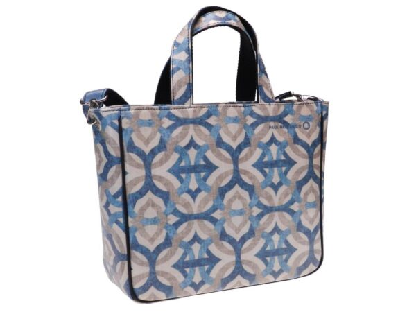 TOTE BAG LIGHT BLUE AND OFF WHITE COLOURS MAJOLICA FANTASY. GLAM MODEL MADE OF SOFT SYNTETHIC LEATHER. - Unique Pieces Paul Meccanico