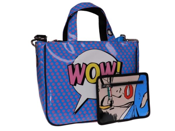 TOTE BAG LIGHT BLUE AND PINK COLOURS CARTOON STYLE. GLAM MODEL MADE OF LORRY TARPAULIN. - Unique Pieces Paul Meccanico
