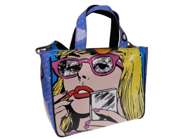TOTE BAG LIGHT BLUE AND PINK COLOURS CARTOON STYLE. GLAM MODEL MADE OF LORRY TARPAULIN. - Unique Pieces Paul Meccanico