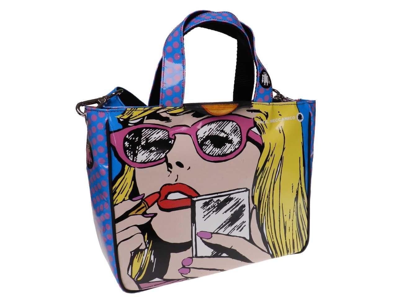 TOTE BAG LIGHT BLUE AND PINK COLOURS CARTOON STYLE. GLAM MODEL MADE OF LORRY TARPAULIN. - Unique Pieces Paul Meccanico