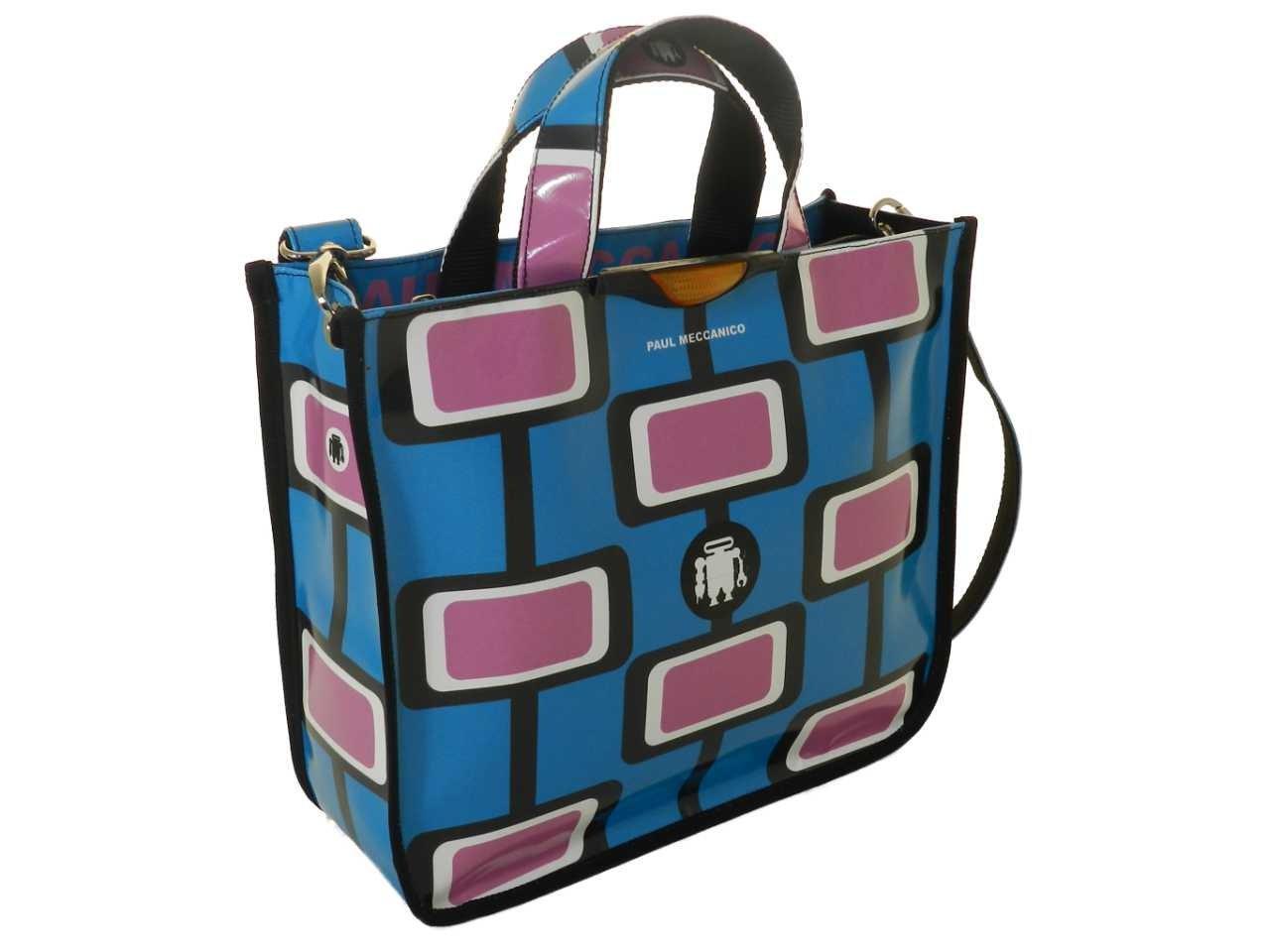 TOTE BAG LIGHT BLUE AND PINK COLOURS GEOMETRIC FANTASY. GLAM MODEL MADE OF LORRY TARPAULIN. THIS ARTICLE IS SLIGHTLY SPOTTED. - Unique Pieces Paul Meccanico