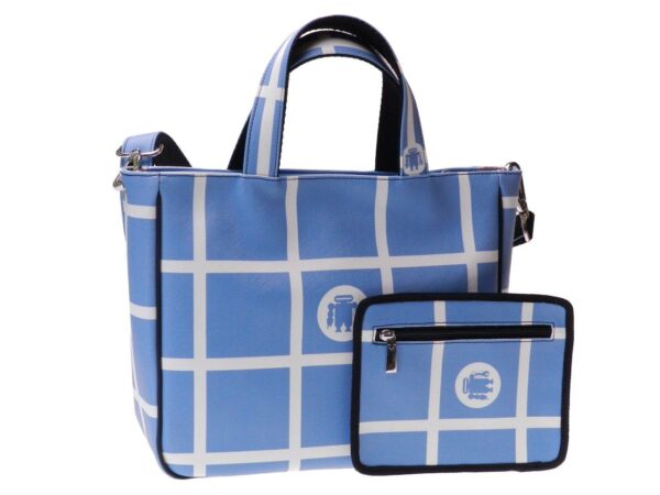 TOTE BAG LIGHT BLUE AND WHITE COLOURS WITH CHESS PATTERN. GLAM MODEL MADE OF CRUELTY FREE LEATHER. - Unique Pieces Paul Meccanico