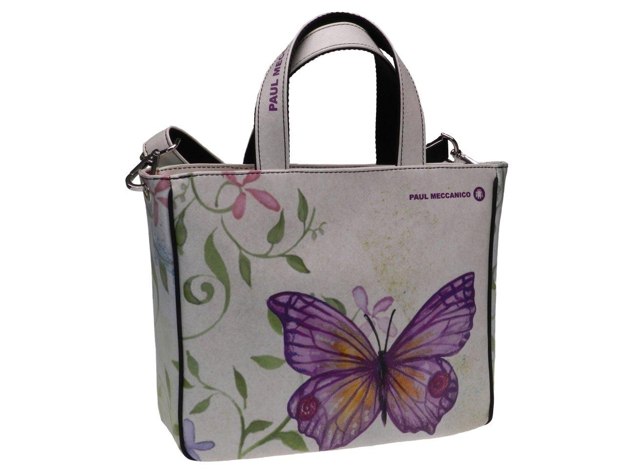 TOTE BAG OFF WHITE COLOUR WITH BUTTERFLY PRINT. GLAM MODEL MADE OF SOFT SYNTETHIC LEATHER. - Unique Pieces Paul Meccanico