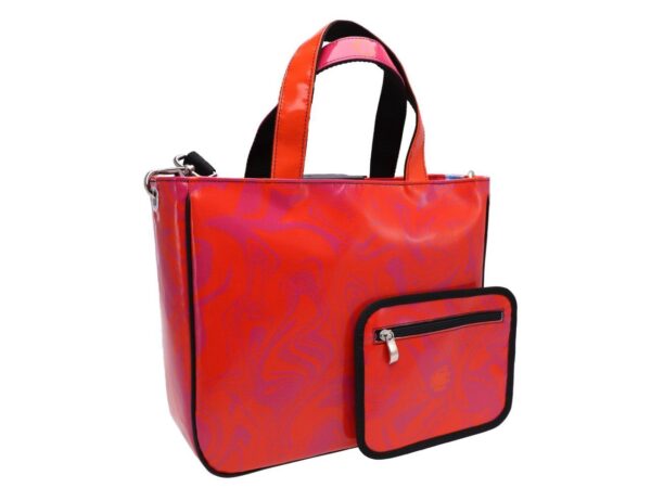TOTE BAG ORANGE AND LILAC WITH ABSTRACT PRINT. MODEL GLAM MADE OF LORRY TARPAULIN. - Unique Pieces Paul Meccanico