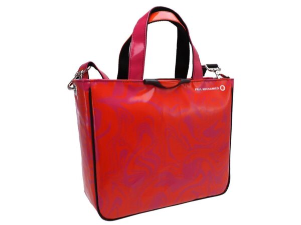 TOTE BAG ORANGE AND LILAC WITH ABSTRACT PRINT. MODEL GLAM MADE OF LORRY TARPAULIN. - Unique Pieces Paul Meccanico
