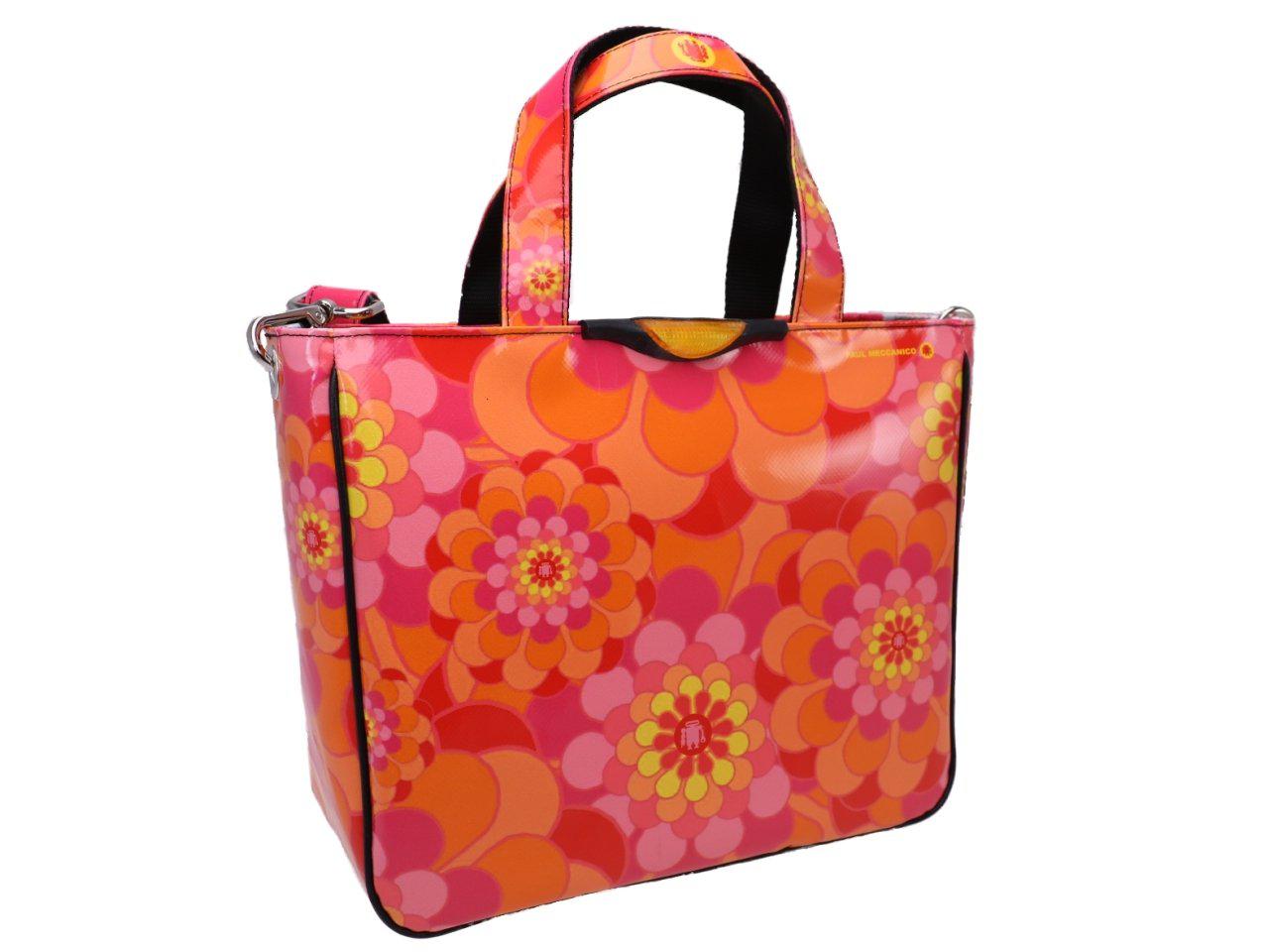 TOTE BAG ORANGE COLOUR FLORAL FANTASY. GLAM MODEL MADE OF LORRY TARPAULIN. - Unique Pieces Paul Meccanico