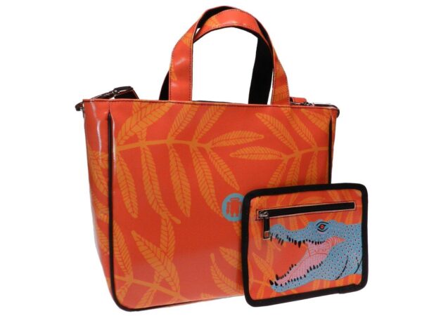TOTE BAG ORANGE WITH CROCODILE PRINT. MODEL GLAM MADE OF LORRY TARPAULIN. - Unique Pieces Paul Meccanico