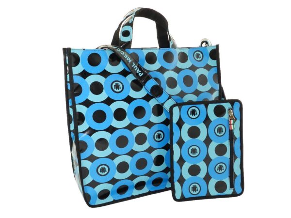 TOTE BAG PAUL MECCANICO. MODEL AIRSTONE BLACK AND LIGHT BLUE COLOURS WITH CIRCLES FANTASY. - Unique Pieces Paul Meccanico