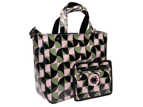 TOTE BAG PINK, BLACK AND GREEN GEOMETRIC FANTASY. GLAM MODEL MADE OF LORRY TARPAULIN. - Unique Pieces Paul Meccanico
