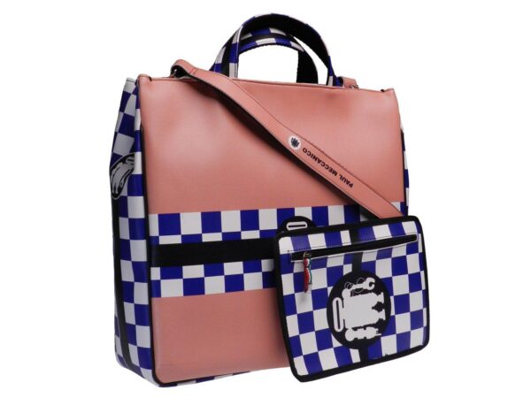 TOTE BAG PINK WITH GRAND PRIX STRIP WHITE AND BLUE COLOURS. AIRSTONE MODEL MADE OF POLYURETHANE. - Unique Pieces Paul Meccanico