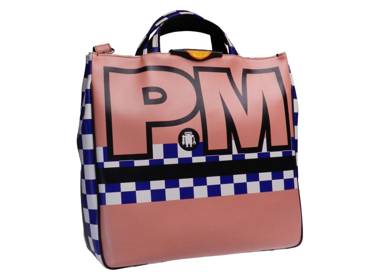 TOTE BAG PINK WITH GRAND PRIX STRIP WHITE AND BLUE COLOURS. AIRSTONE MODEL MADE OF POLYURETHANE. - Unique Pieces Paul Meccanico