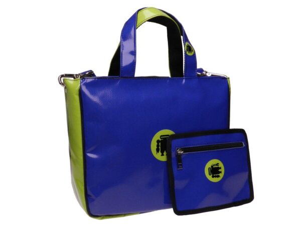 TOTE BAG ROYAL AND FLUORESCENT GREEN "IT'S TIME TO BE UNIQUE". GLAM MODEL MADE OF LORRY TARPAULIN. - Unique Pieces Paul Meccanico