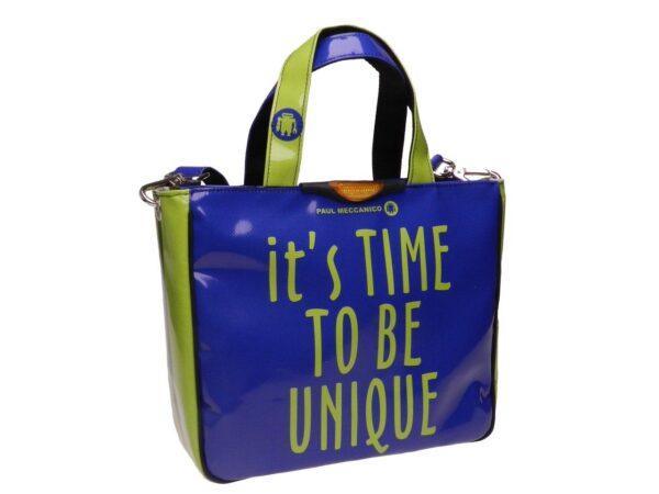 TOTE BAG ROYAL AND FLUORESCENT GREEN "IT'S TIME TO BE UNIQUE". GLAM MODEL MADE OF LORRY TARPAULIN. - Unique Pieces Paul Meccanico