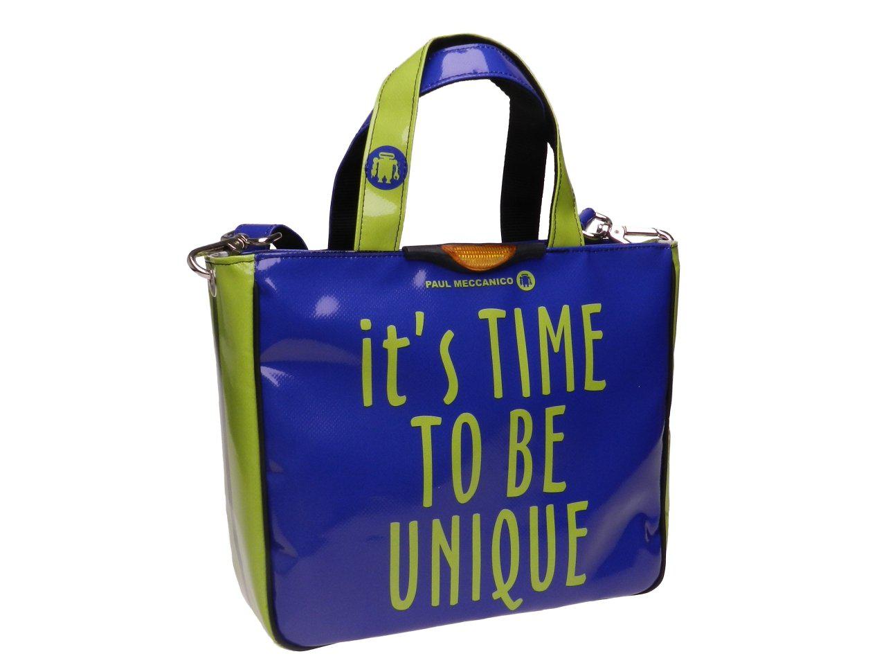 TOTE BAG ROYAL AND FLUORESCENT GREEN "IT'S TIME TO BE UNIQUE". GLAM MODEL MADE OF LORRY TARPAULIN. - Unique Pieces Paul Meccanico