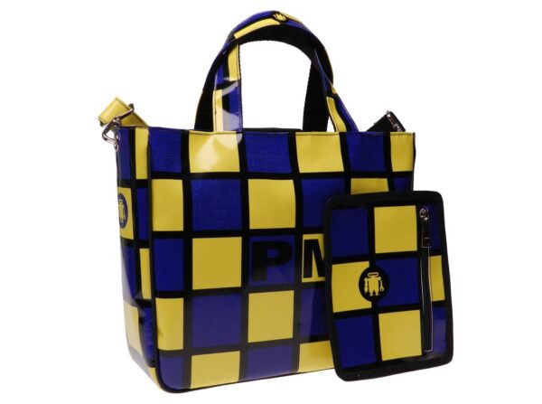 TOTE BAG ROYAL AND YELLOW COLOURS WITH CHESS PATTERN. GLAM MODEL MADE OF LORRY TARPAULIN. - Unique Pieces Paul Meccanico