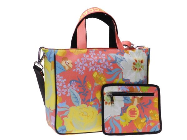 TOTE BAG SALMON COLOUR FLORAL FANTASY. GLAM MODEL MADE OF CRUELTY FREE LEATHER. - Unique Pieces Paul Meccanico